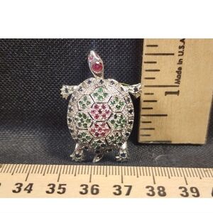 Sterling Silver Turtle Real Emerald Ruby Sapphire Brooch Pin/Necklace Pendant